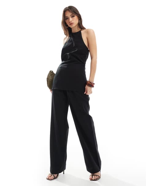 4th & Reckless linen halterneck top and wide leg trousers co-ord in black - view 1