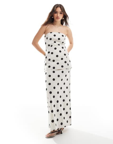 4th & Reckless linen look bandeau longline top and maxi skirt co-ord in cream polka dot - view 1