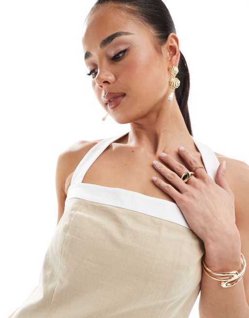 4th & Reckless linen look contrast edge halterneck mini dress in beige, 4 of 4