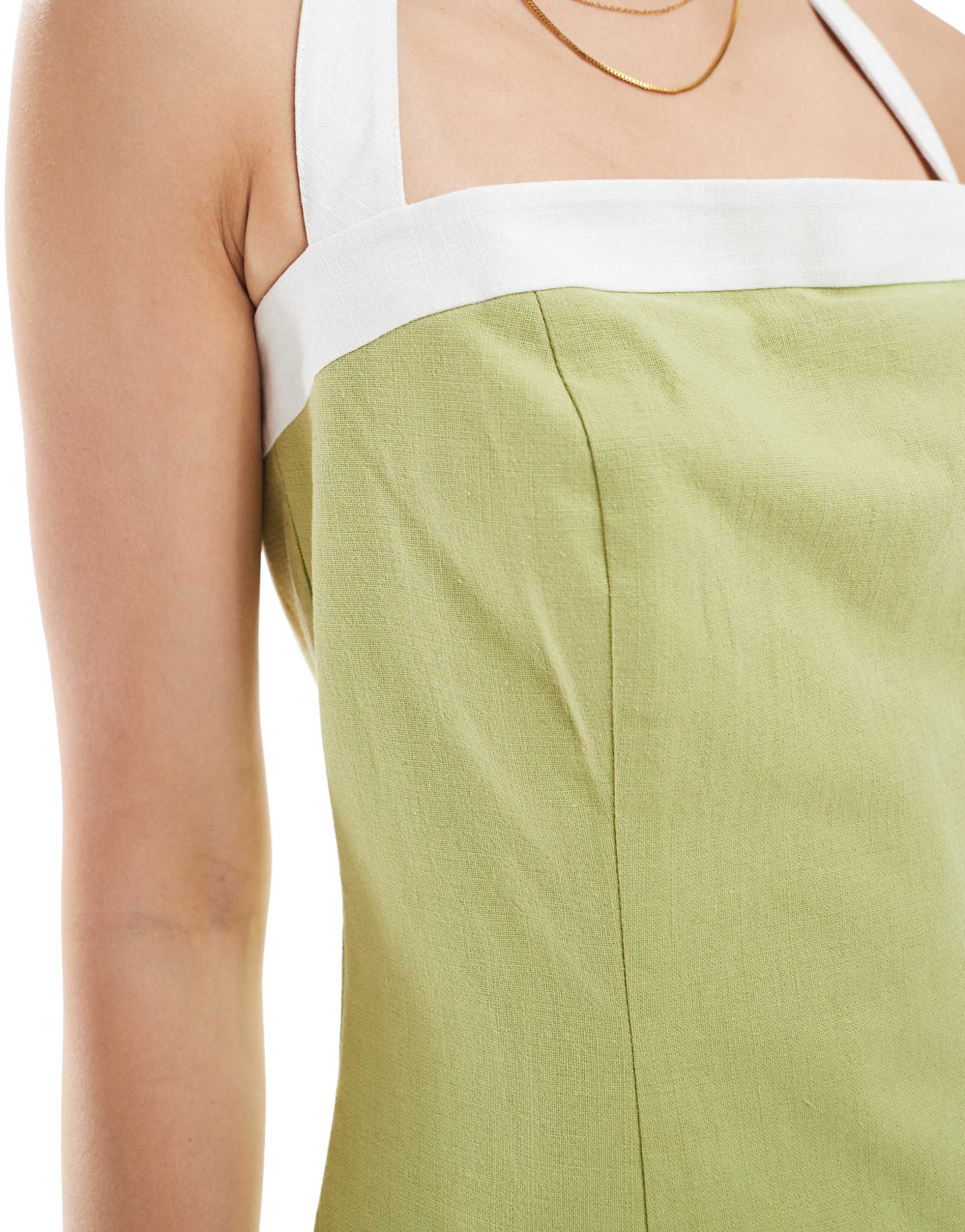 4th & reckless linen look contrast edge halterneck mini dress in olive green
