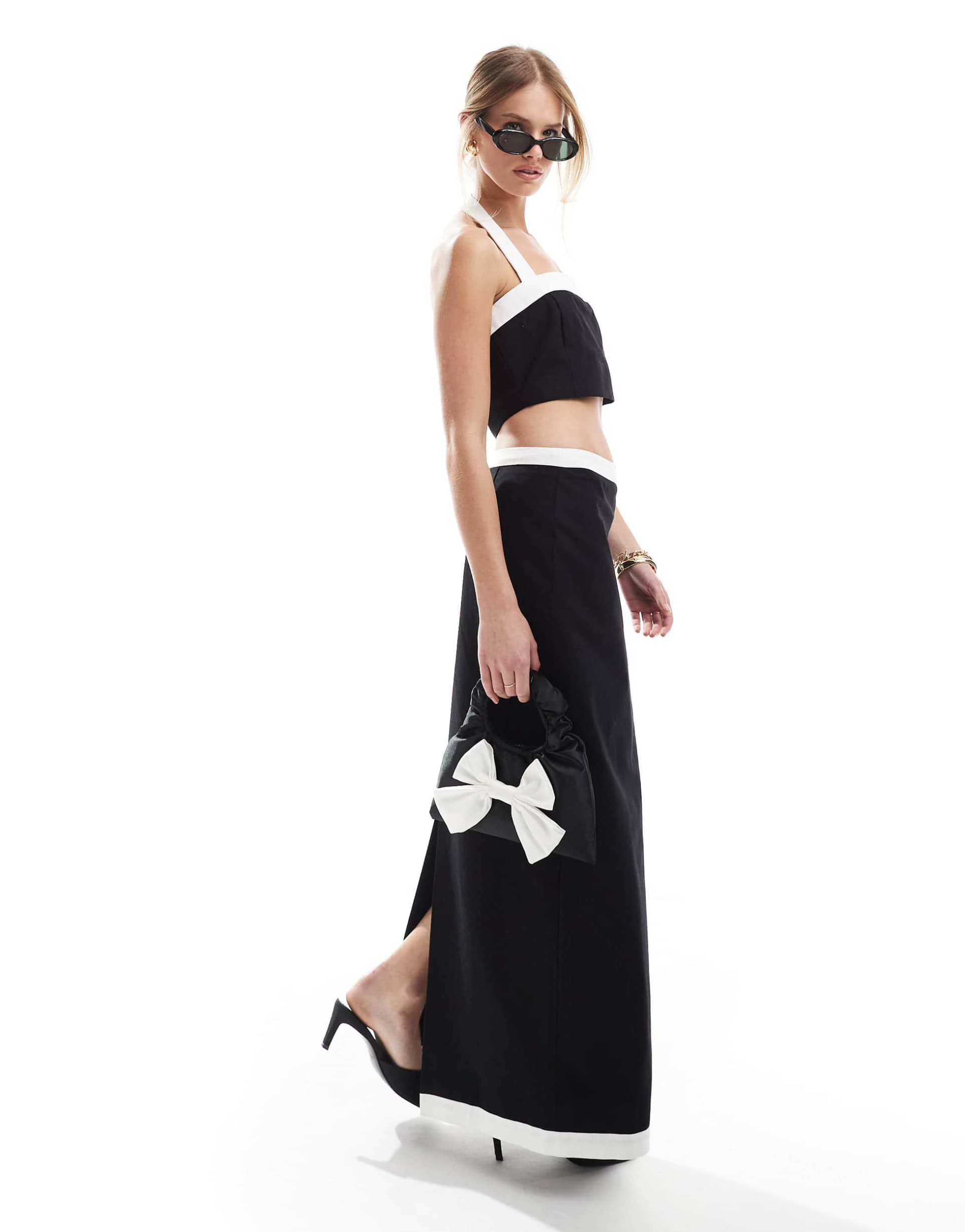 4th & reckless linen look contrast edge maxi skirt in mono - part of a set
