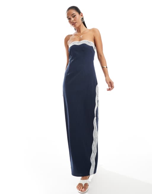 4th & Reckless linen look contrast scallop detail bandeau maxi dress in blue