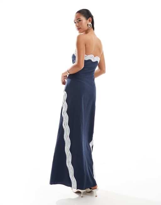 4th & Reckless linen look contrast scallop detail bandeau maxi dress in blue