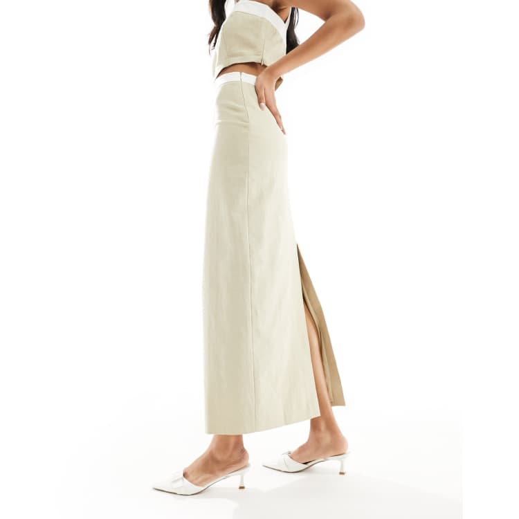 4th & Reckless linen look contrast trim column maxi skirt in