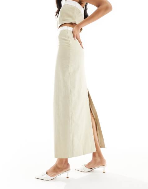 4th & Reckless linen look contrast trim column maxi skirt co-ord in beige