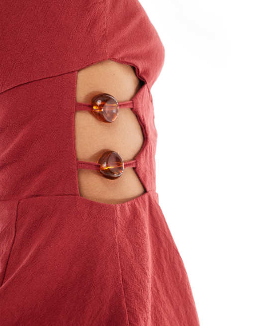 4th & Reckless linen look cotton bandeau cut out bead detail mini dress in rust, 3 of 4