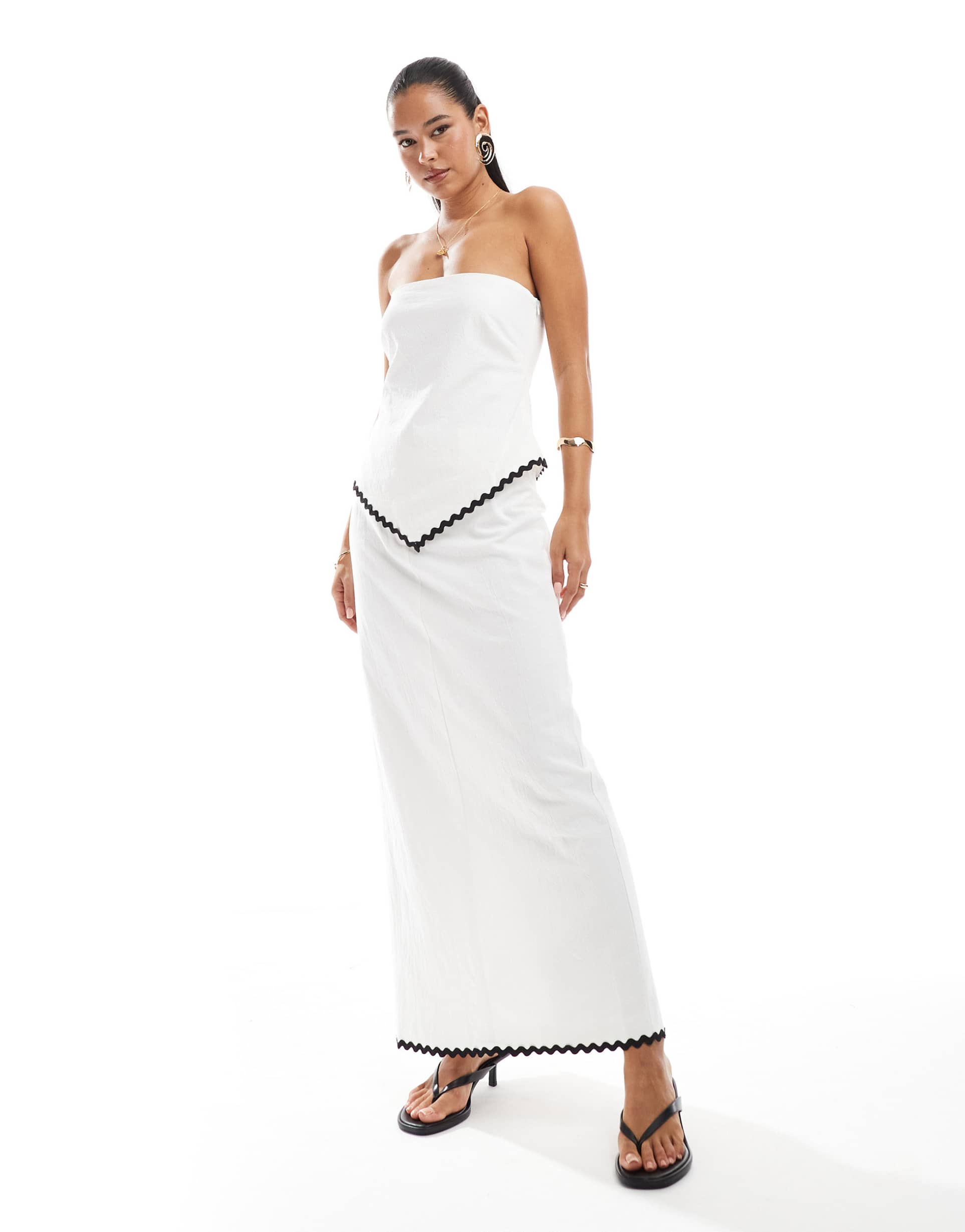 4th & reckless linen look cotton contrast rick rack trim maxi skirt in white - part of a set