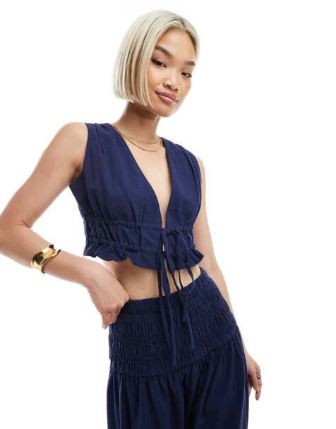 4th & Reckless linen-look cropped tie front vest in navy - part of a set - view 1