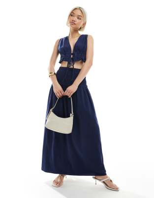 4th & Reckless Linen Look Dropped Waist Maxi Skirt In Blue