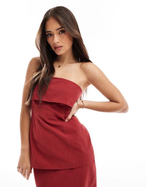 4th & Reckless linen look fold over bandeau longline top co-ord in rust - view 1
