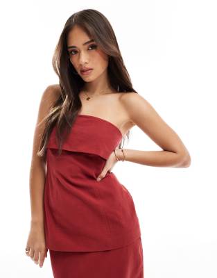 4th & Reckless Linen Look Fold Over Bandeau Longline Top In Brown
