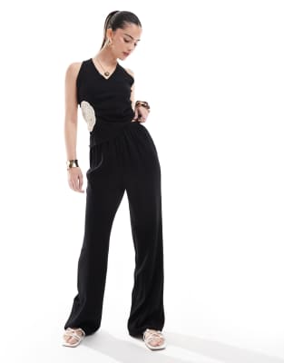 linen look high waisted wide leg beach pants in black - part of a set