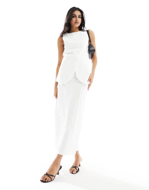 4th & Reckless linen look maxi seam detail skirt co-ord in white