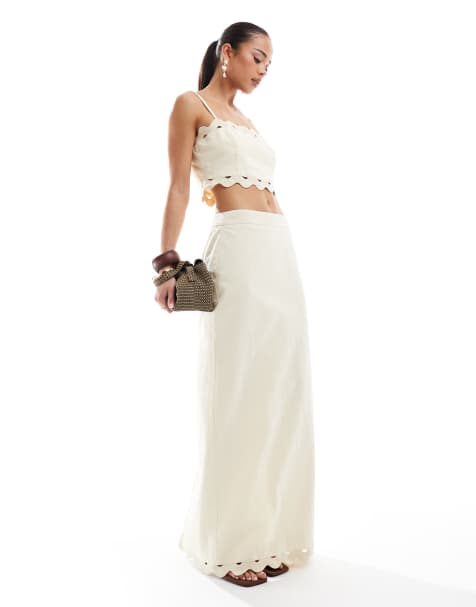 4th & Reckless linen look scallop trim maxi skirt in buttercream - part of a set - view 1