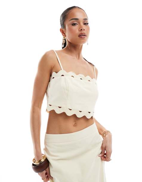 4th & Reckless linen look scallop trim square neck top co-ord in buttercream
