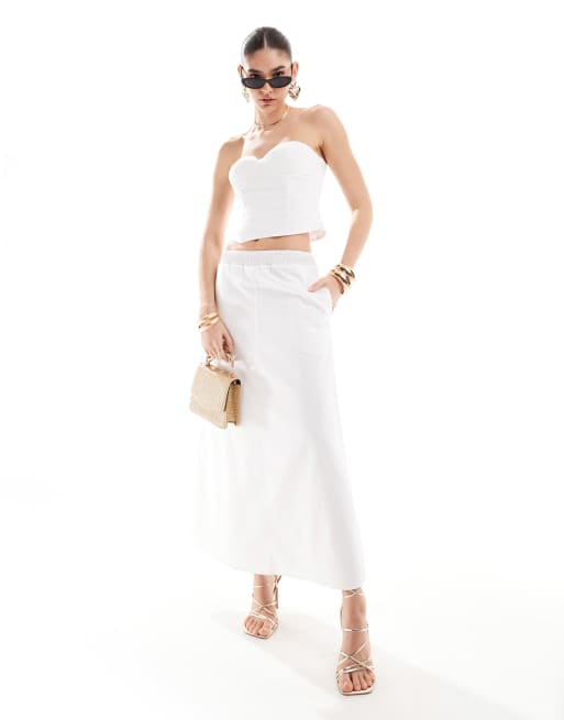 4th & Reckless linen look shirred waist flared maxi skirt in white - part of a set