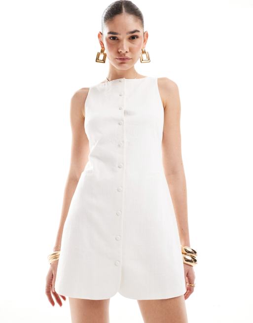 4th & Reckless linen look sleeveless high neck button up mini dress in white  | ASOS