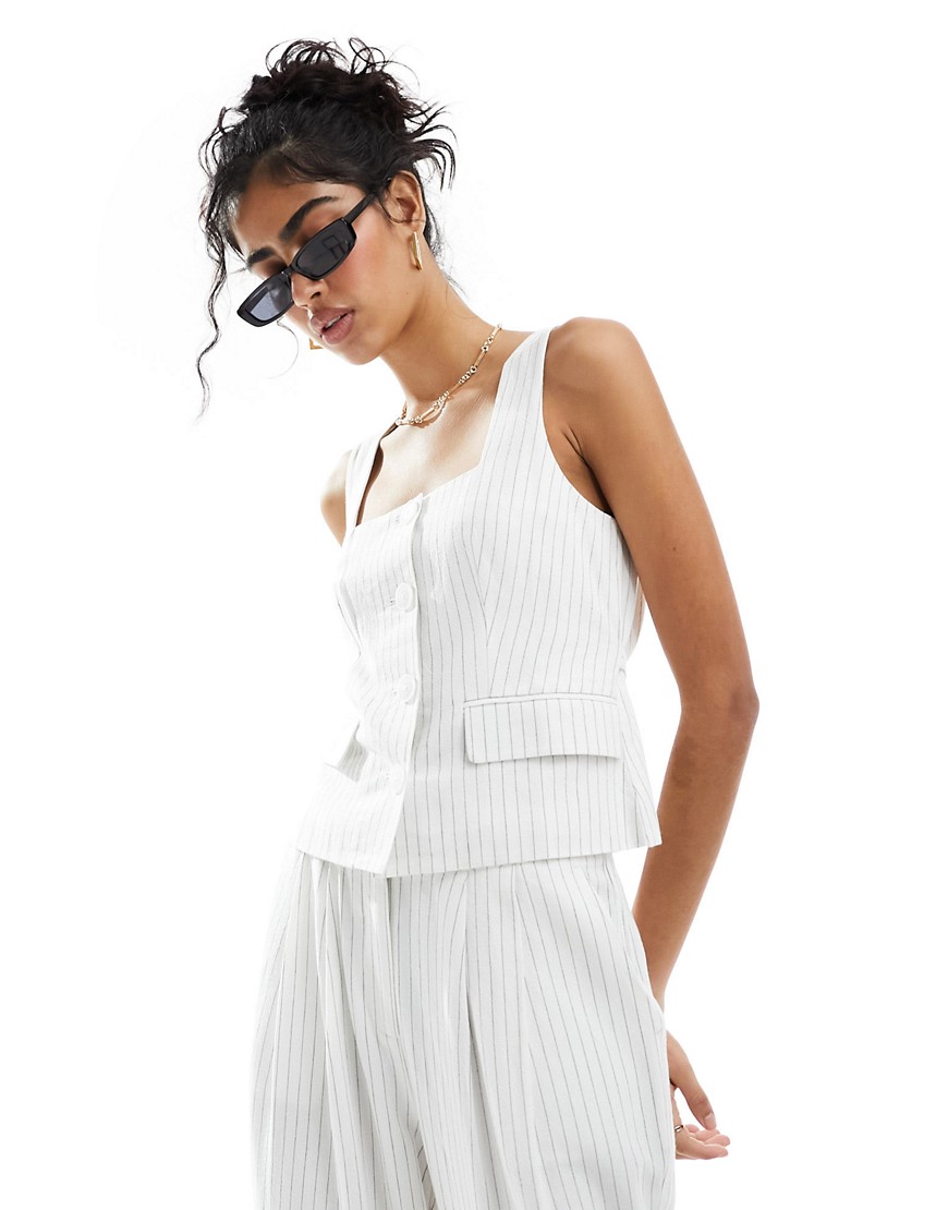 4th & Reckless Linen Look Square Neck Vest In White Pinstripe - Part Of A Set