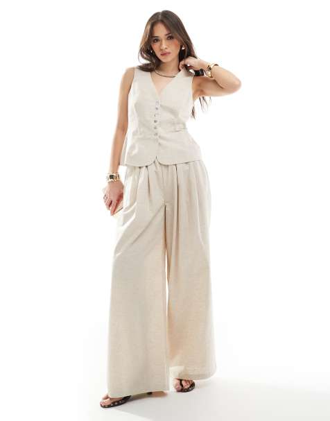 4th & Reckless linen look tie back vest and wide leg pants set in beige - view 1
