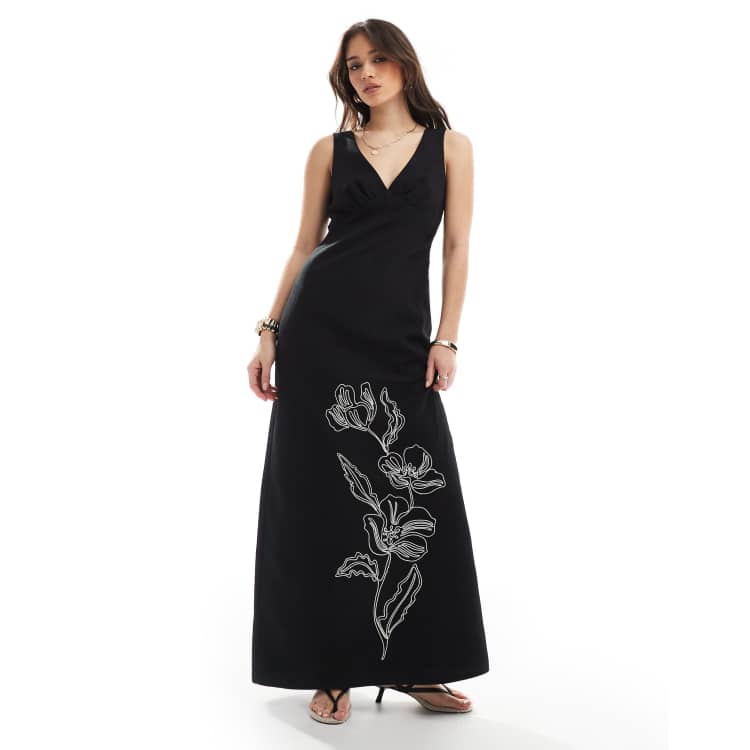 4th & Reckless linen look v neck floral embroidered maxi dress in black |  ASOS