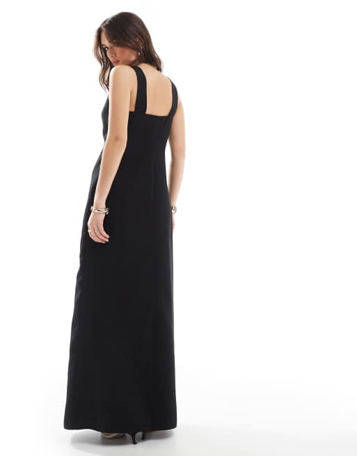 4th & Reckless linen look v neck floral embroidered maxi dress in black, 2 of 4