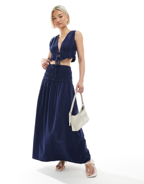 4th & Reckless linen-look vest and dropped waist maxi skirt set in navy - view 1