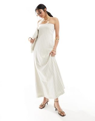 4th & Reckless Linen Mix Bandeau Maxi Dress In Cream Stripe-white