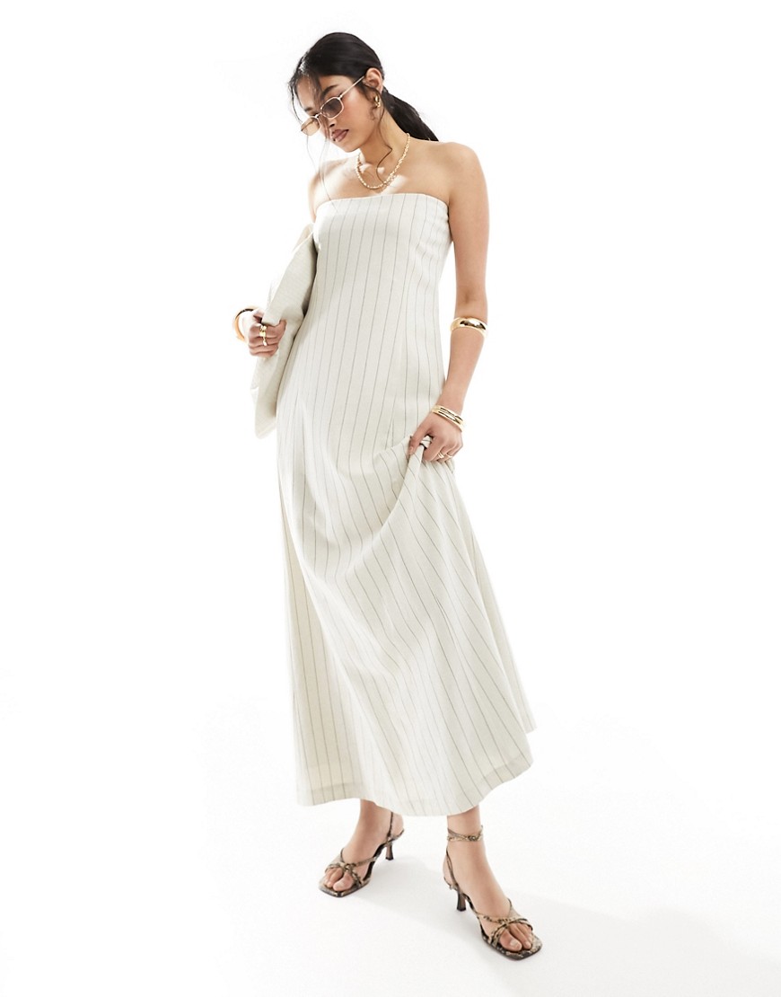 linen mix bandeau maxi dress in cream stripe-White