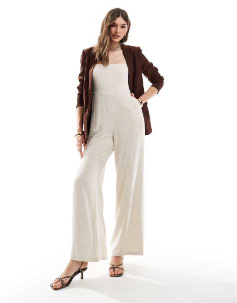 4th & Reckless linen mix bandeau wide leg jumpsuit in beige - view 1