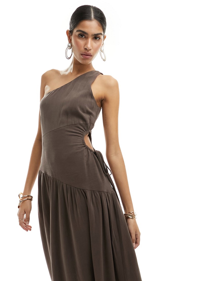 linen mix one shoulder dropped hem side cut out midaxi dress in brown