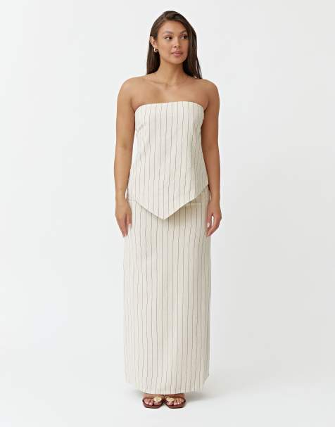 4th & Reckless linen striped maxi skirt co-ord in beige - view 1