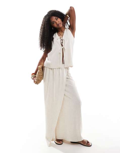 4th & Reckless linen tie front cami beach top and maxi skirt set in beige - view 1