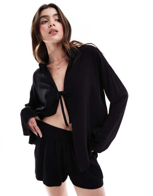 4th & Reckless linen tie front shirt in black - part of a set