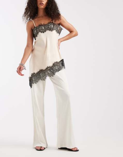 4th & Reckless – Locker geschnittene, gerippte Hose in Cremeweiß mit hohem Bund und weitem Bein, Kombiteil - view 1