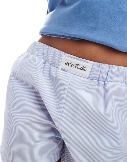 4th & Reckless logo detail boxer shorts in blue stripe, 4 of 5