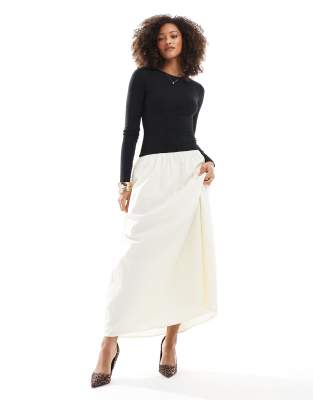 long sleeve dropped waist maxi dress in monochrome-Multi