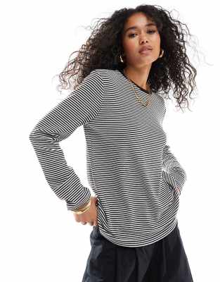 long sleeve embroidered logo top in black and white stripe-Multi