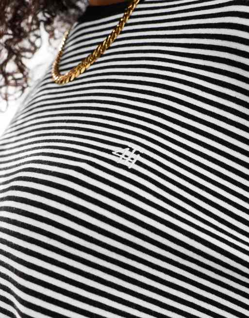 4th & Reckless long sleeve embroidered logo top in black and white stripe, 2 of 4