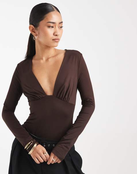 4th & Reckless long sleeve plunge bodysuit in chocolate - view 1