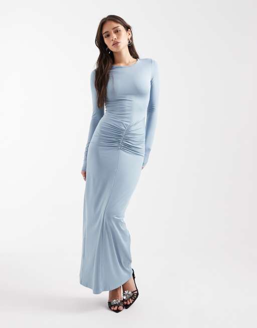 4th & Reckless long sleeve ruched front maxi dress in baby blue