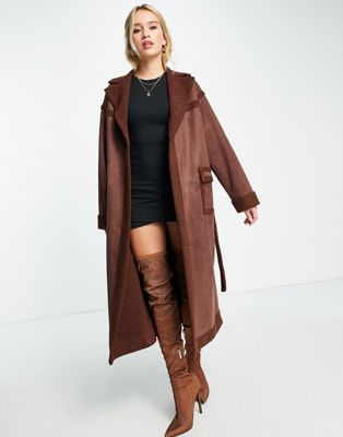 4th & Reckless longline bonded shearling coat in chocolate - ASOS Price Checker