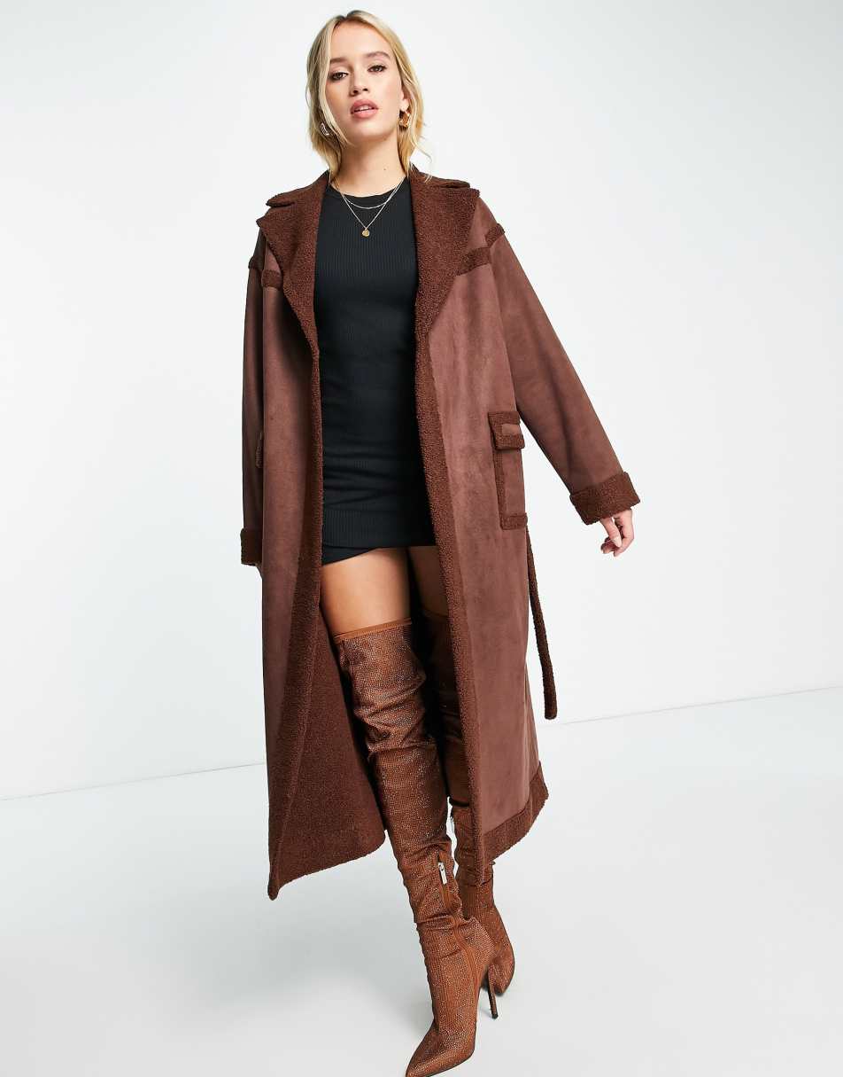 4th & Reckless longline bonded shearling coat in chocolate