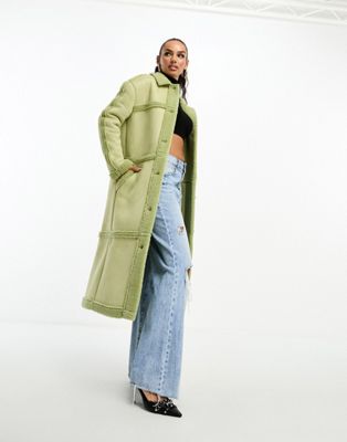 4th & Reckless longline borg coat in sage green - ASOS Price Checker