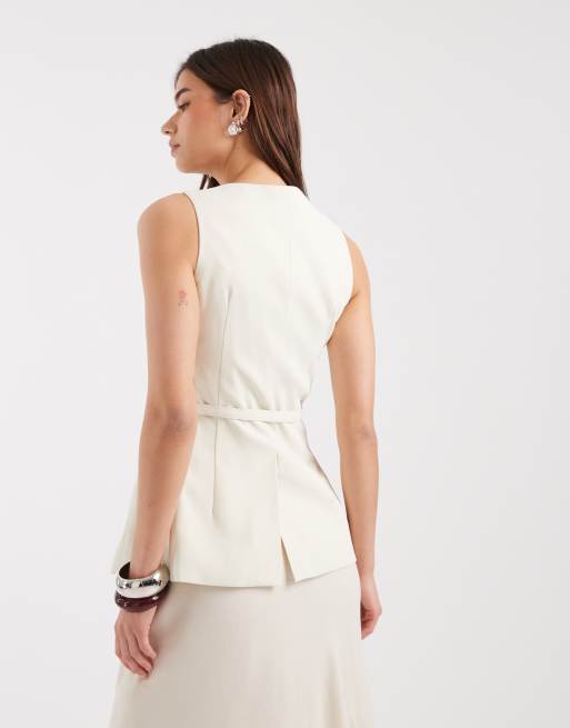 4th & Reckless longline v neck waistcoat in cream (part of a set), 3 of 4