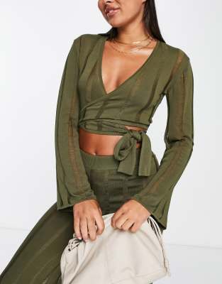 4th & Reckless Lorita ladder detail knit wrap top co-ord in khaki