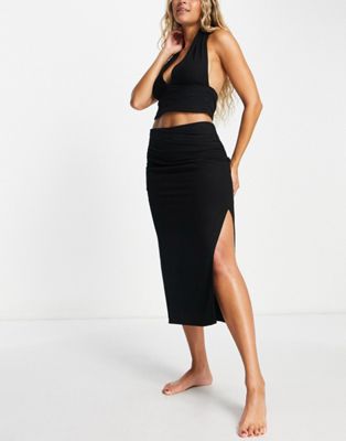 4th & Reckless Lotus linen ruched skirt with split co-ord in black  - ASOS Price Checker