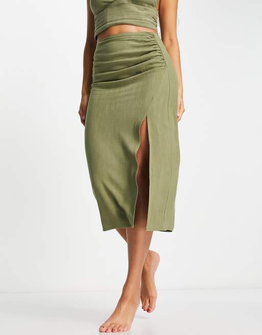 4th & Reckless Lotus linen ruched skirt with split in khaki (Part of a set)  , 4 of 4