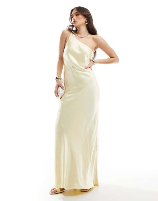 4th & Reckless - Lysegul maxikjole med oneshoulder-snit og draperingsdetalje i satin