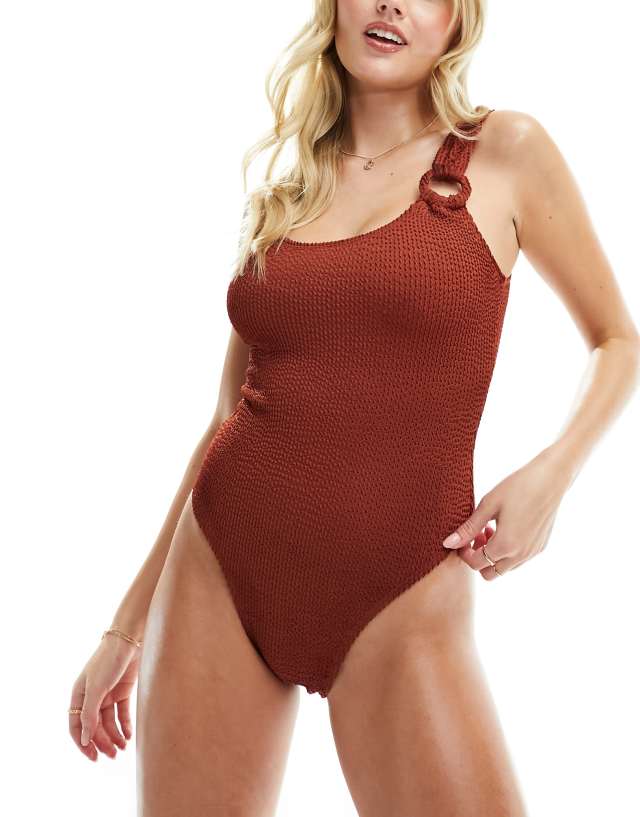 4th & Reckless - madeline ring detail swimsuit in rust crinkle