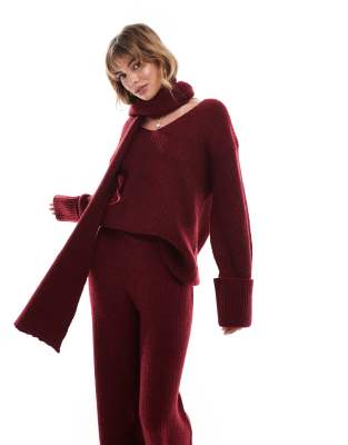 4th & Reckless - Maglione bordeaux con polsini lunghi, scollo a V e dettaglio stile sciarpa in coordinato